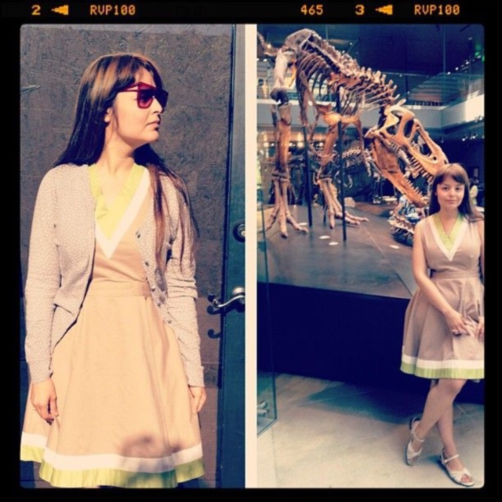 Dear Creatures sleeveless tan fit and flare dress